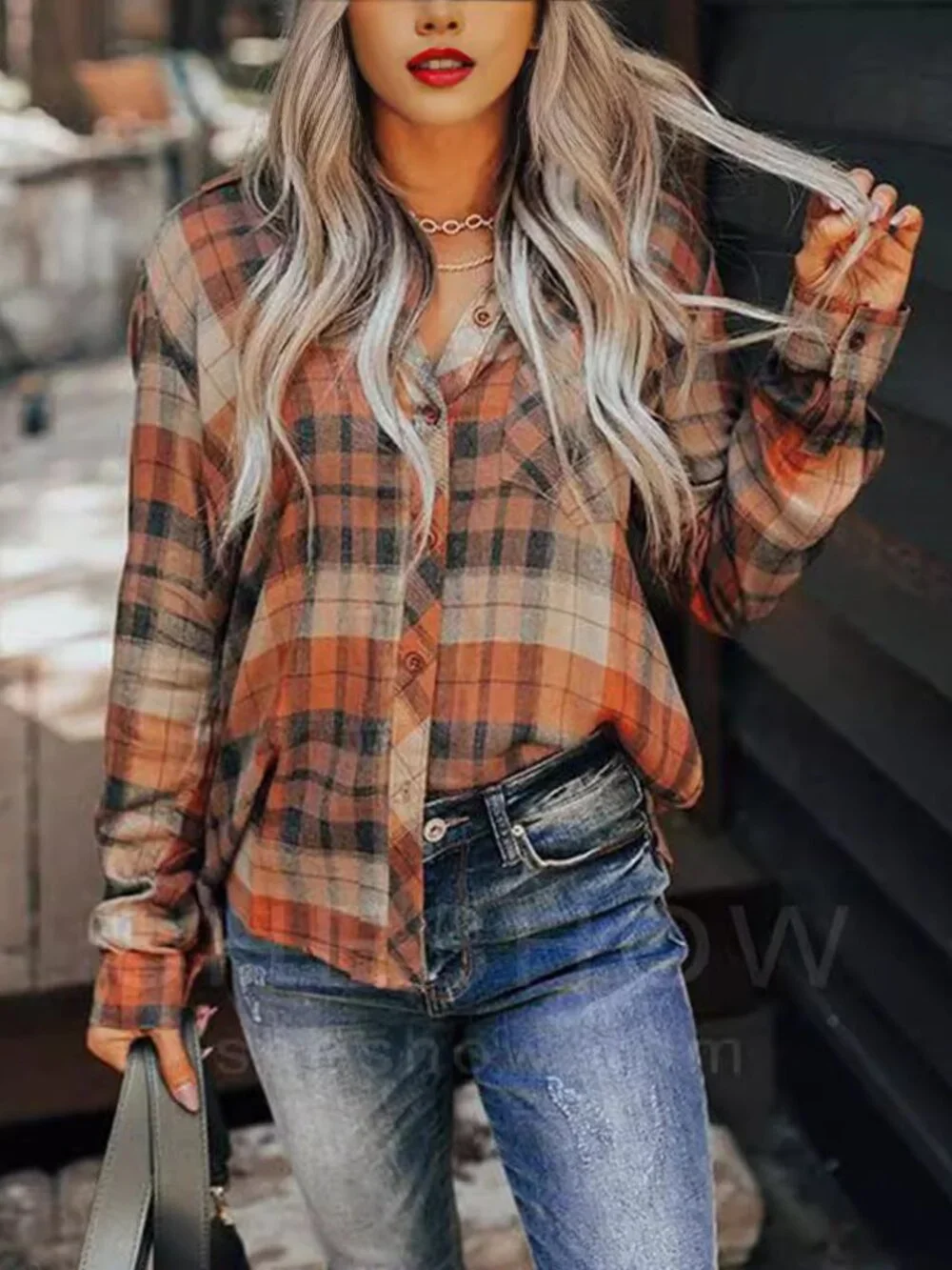 Women's Plaid Long Sleeve Shirt Slim Fit Button Cardigan Casual Top